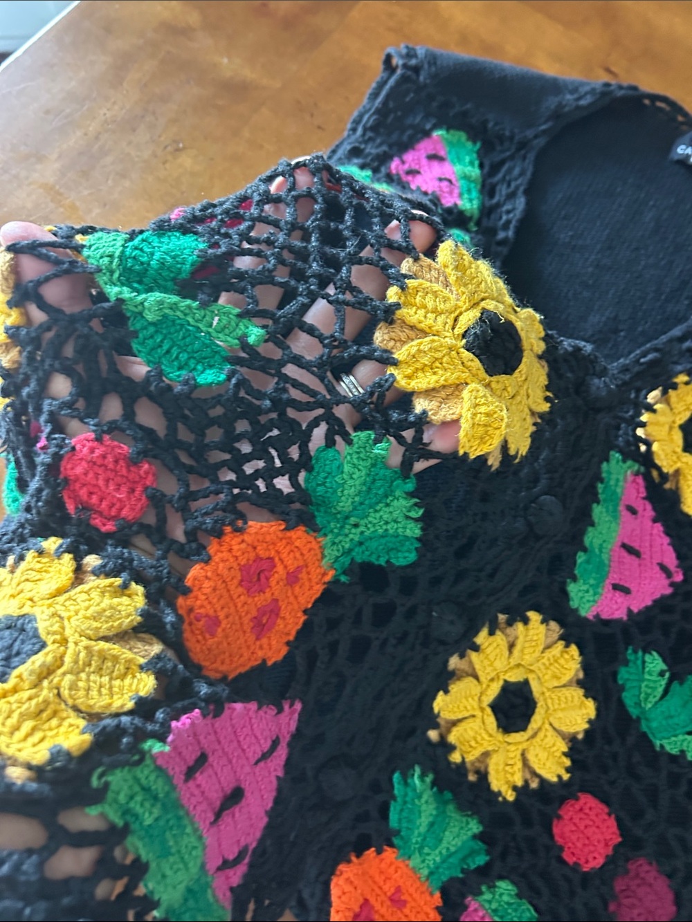 Vintage Carol Little Sport Black crochet Vest w/ flowers & fruit all over front - Picture 6 of 10